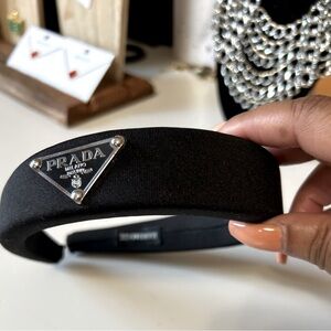 Prada inspired Headbands. Metal Prada Logo. Padded, satin fabric.